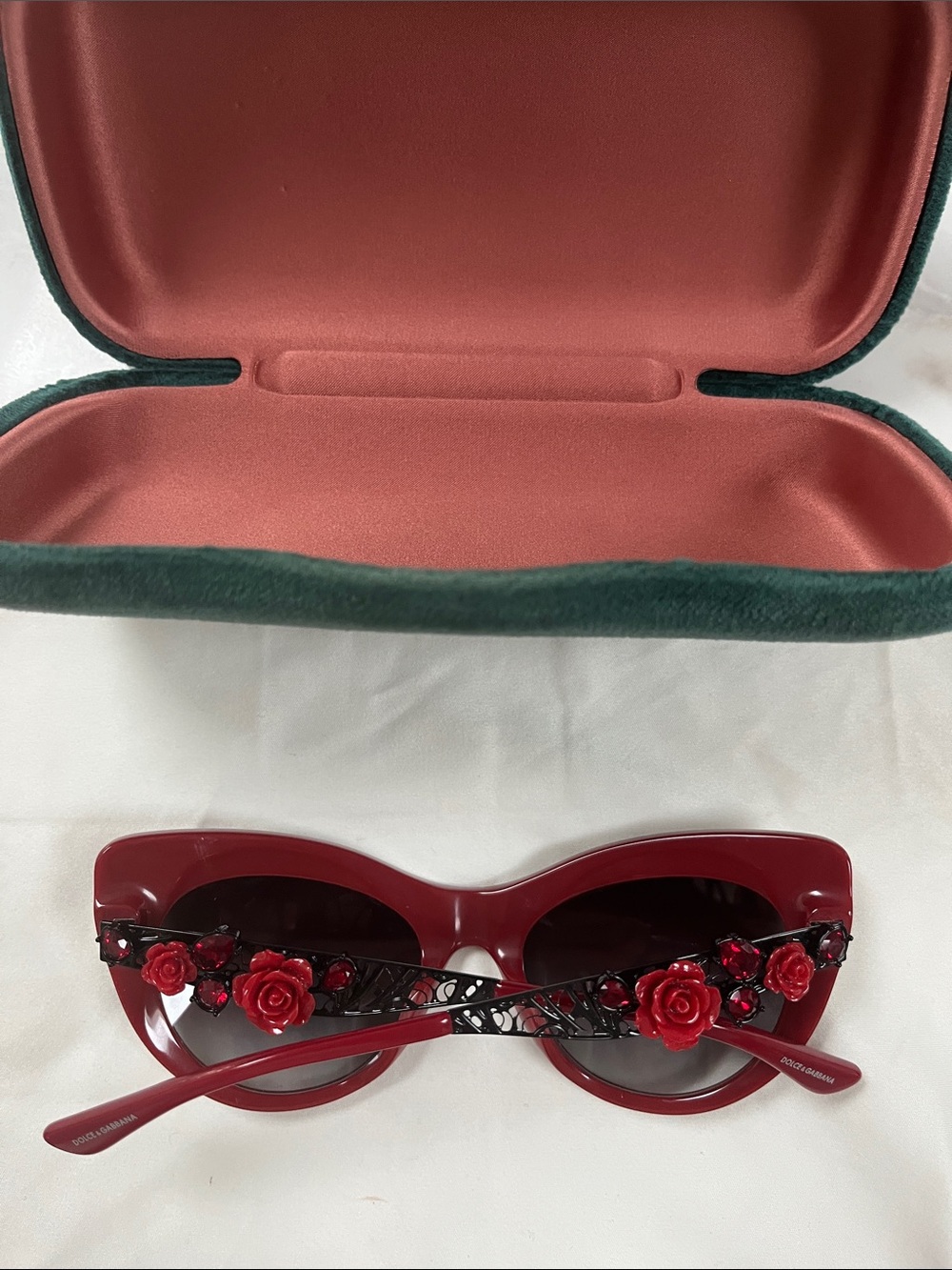Dolce & Gabbana Red Cat-Eye Sunglasses with Floral Embellishments